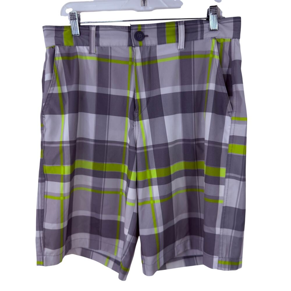 OP Ocean Pacific Men's OPFlex 4-Way Stretch Plaid Hybrid Shorts Gray Lime 32
